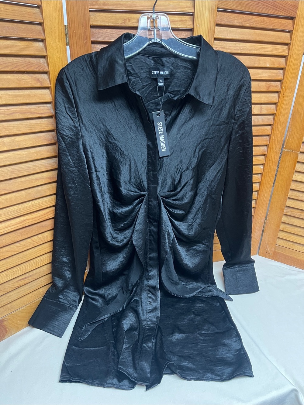 Steve Madden Black Satin Twist-Front Shirt Dress